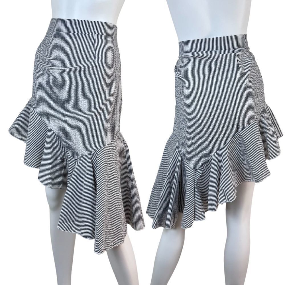 POL Size L Gauze Cotton Striped Ruffle Peplum Asymmetrical Midi Stripped Skirt